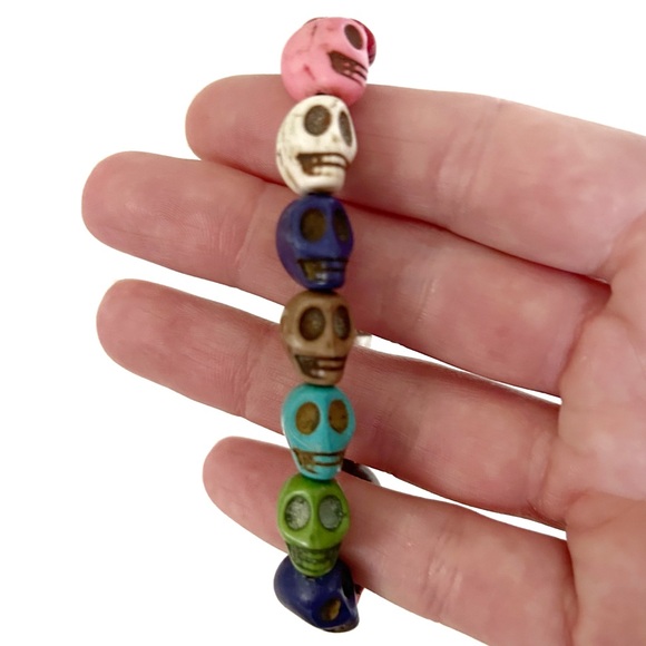 Skull Bead Bracelets Rainbow Teal Blue Stretchy Skeleton Goth Scary Halloween - Picture 5 of 14